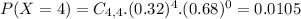 P(X = 4) = C_{4,4}.(0.32)^{4}.(0.68)^{0} = 0.0105