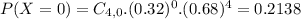 P(X = 0) = C_{4,0}.(0.32)^{0}.(0.68)^{4} = 0.2138