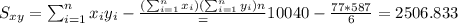 S_{xy}=\sum_{i=1}^n x_i y_i -\frac{(\sum_{i=1}^n x_i)(\sum_{i=1}^n y_i){n}}=10040-\frac{77*587}{6}=2506.833