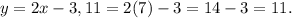 y =2x-3, 11 = 2(7)-3 = 14 -3 =11.