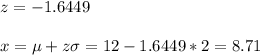 z=-1.6449\\\\x=\mu+z\sigma=12-1.6449*2=8.71