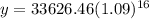 y = 33626.46(1.09)^1^6