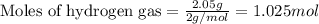\text{Moles of hydrogen gas}=\frac{2.05g}{2g/mol}=1.025mol