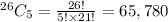 ^{26} C_5 = \frac{26!}{5! \times 21!}  = 65,780
