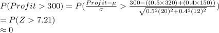P(Profit300)=P(\frac{Profit-\mu}{\sigma}\frac{300-((0.5\times320)+(0.4\times150))}{\sqrt{0.5^{2}(20)^{2}+0.4^{2}(12)^{2}}})\\=P(Z7.21)\\\approx0