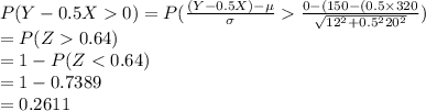 P(Y - 0.5X  0)=P(\frac{(Y - 0.5X) -\mu}{\sigma}\frac{0-(150-(0.5\times320}{\sqrt{12^{2}+0.5^{2}20^{2}}})\\=P(Z0.64)\\=1-P(Z