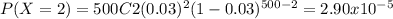P(X=2) = 500C2 (0.03)^2 (1-0.03)^{500-2} = 2.90x10^{-5}