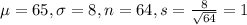 \mu = 65, \sigma = 8, n = 64, s = \frac{8}{\sqrt{64}} = 1