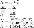 B=u_{o}I\frac{N}{L}\\\frac{B}{u_{o}I} =\frac{N}{L} \\N=\frac{LB}{u_{o}I}\\N=\frac{(0.24m)(7.0T)}{4\pi *10^{-7}*(90A)} \\N=14854.5turns