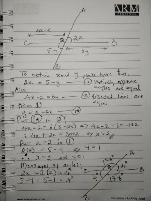 AB bistects CD at point Q. You are given that the measure of angel AQD is 2x and the measure of angl