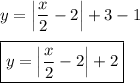 y=\left|\dfrac{x}{2}-2\right|+3-1\\\\\boxed{y=\left|\dfrac{x}{2}-2\right|+2}