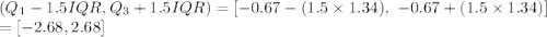 (Q_{1} - 1.5 IQR, Q_{3} + 1.5 IQR)=[-0.67-(1.5\times 1.34),\ -0.67+(1.5\times 1.34)]\\=[-2.68, 2.68]