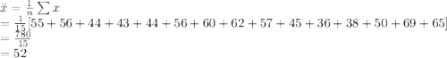 \bar x=\frac{1}{n}\sum x\\=\frac{1}{15}[55+ 56+ 44+ 43+ 44+ 56+ 60+ 62+ 57+ 45 +36 +38 +50 +69+ 65]\\=\frac{780}{15}\\=52