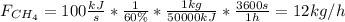 F_{CH_4}=100\frac{kJ}{s}*\frac{1}{60\%}*\frac{1kg}{50000kJ}*\frac{3600s}{1h} =12kg/h