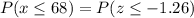 P(x\leq 68 )=P(z\leq -1.26)