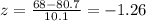z=\frac{68-80.7}{10.1}=-1.26