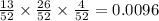 \frac{13}{52} \times \frac{26}{52} \times \frac{4}{52}=0.0096