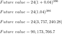 Future\ value = 24(1+0.04)^{386}\\\\Future\ value = 24(1.04)^{386}\\\\Future\ value = 24(3,757,240.28)\\\\Future\ value = 90,173,766.7\\\\
