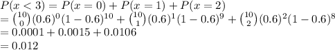 P(x < 3) = P(x = 0) + P(x = 1) + P(x = 2) \\= \binom{10}{0}(0.6)^0(1-0.6)^{10} +\binom{10}{1}(0.6)^1(1-0.6)^{9} + \binom{10}{2}(0.6)^2(1-0.6)^{8}\\= 0.0001 +0.0015 + 0.0106\\=0.012