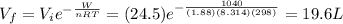 V_f=V_i e^{-\frac{W}{nRT}}=(24.5)e^{-\frac{1040}{(1.88)(8.314)(298)}}=19.6 L