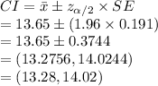 CI=\bar x\pm z_{\alpha/2}\times SE\\=13.65\pm (1.96\times0.191)\\=13.65\pm0.3744\\=(13.2756, 14.0244)\\=(13.28, 14.02)