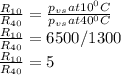 \frac{R_{10} }{R_{40} } = \frac{p_{vs}  at 10^{0} C}{p_{vs}  at 40^{0} C} \\\frac{R_{10} }{R_{40} } = 6500/1300\\\frac{R_{10} }{R_{40} } = 5