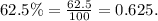 62.5\%=\frac{62.5}{100}=0.625.