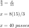 \frac{8}{3}=\frac{x}{15}\\\\x=8(15)/3\\\\x=40\ passes