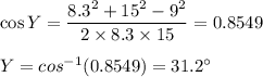 \cos Y =\dfrac{8.3^{2}+ 15^{2}-9^{2}}{2\times 8.3\times 15}=0.8549\\\\Y=cos^{-1}(0.8549)=31.2\°