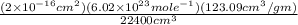 \frac{(2\times 10^{-16} cm^2)(6.02\times 10^{23}mole ^{-1})(123.09 cm^3/gm)}{22400 cm^3}