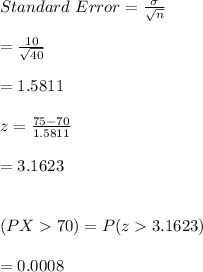 Standard \ Error=\frac{\sigma}{\sqrt{n}}\\\\=\frac{10}{\sqrt{40}}\\\\=1.5811\\\\z=\frac{75-70}{1.5811}\\\\=3.1623\\\\\\(PX70)=P(z3.1623)\\\\=0.0008\\