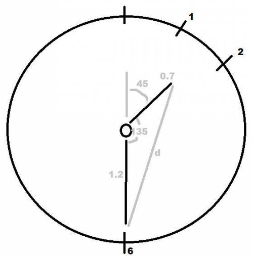 El horario y el minutero de un reloj miden respectivamente 0.7 y 1.2cm. Determinar la distancia entr
