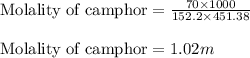 \text{Molality of camphor}=\frac{70\times 1000}{152.2\times 451.38}\\\\\text{Molality of camphor}=1.02m