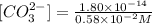 [CO_3^{2-}]=\frac{1.80\times 10^{-14}}{0.58\times 10^{-2} M}