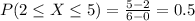 P(2 \leq X \leq 5) = \frac{5-2}{6-0} = 0.5
