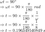 \omega t=90^{\circ}\\\Rightarrow \omega t=90\times\dfrac{\pi}{180}\ rad\\\Rightarrow t=90\times\dfrac{\pi}{180}\times \dfrac{1}{\omega}\\\Rightarrow t=90\times\dfrac{\pi}{180}\times \dfrac{1}{8}\\\Rightarrow t=0.196349540849\ s