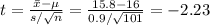 t=\frac{\bar x-\mu}{s/\sqrt{n}}=\frac{15.8-16}{0.9/\sqrt{101}}=-2.23