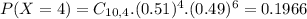 P(X = 4) = C_{10,4}.(0.51)^{4}.(0.49)^{6} = 0.1966