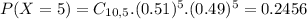 P(X = 5) = C_{10,5}.(0.51)^{5}.(0.49)^{5} = 0.2456