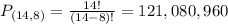 P_{(14,8)} = \frac{14!}{(14-8)!} = 121,080,960