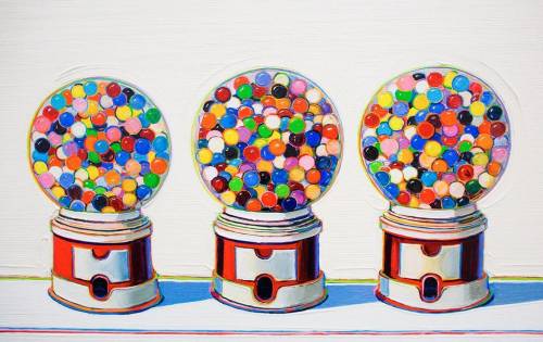 Analyze the painting Three machines by Wayne Thiebaud in two paragraphs (5-7 sentences each)
