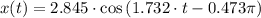 x(t) = 2.845\cdot \cos \left(1.732\cdot t -0.473\pi \right)