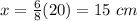 x=\frac{6}{8}(20)=15\ cm