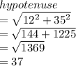 hypotenuse \\  =  \sqrt{ {12}^{2} +  {35}^{2}  }  \\  =  \sqrt{144 + 1225}  \\  =  \sqrt{1369}  \\  = 37