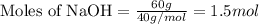 \text{Moles of NaOH}=\frac{60g}{40g/mol}=1.5mol