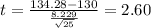 t=\frac{134.28-130}{\frac{8.229}{\sqrt{25}}}=2.60
