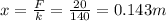 x=\frac{F}{k}=\frac{20}{140}=0.143 m