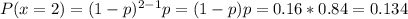 P(x=2)=(1-p)^{2-1}p=(1-p)p=0.16*0.84=0.134