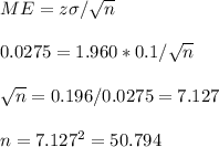 ME=z\sigma/\sqrt{n}\\\\0.0275=1.960*0.1/\sqrt{n}\\\\\sqrt{n}=0.196/0.0275=7.127\\\\n=7.127^2=50.794