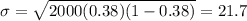 \sigma = \sqrt{2000(0.38)(1-0.38)} = 21.7
